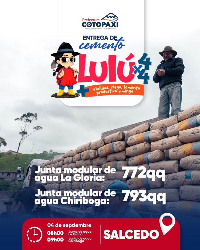 Entrega de cemento en la Junta modular de agua La Gloria y Junta modular de agua Chiriboga, Salcedo.