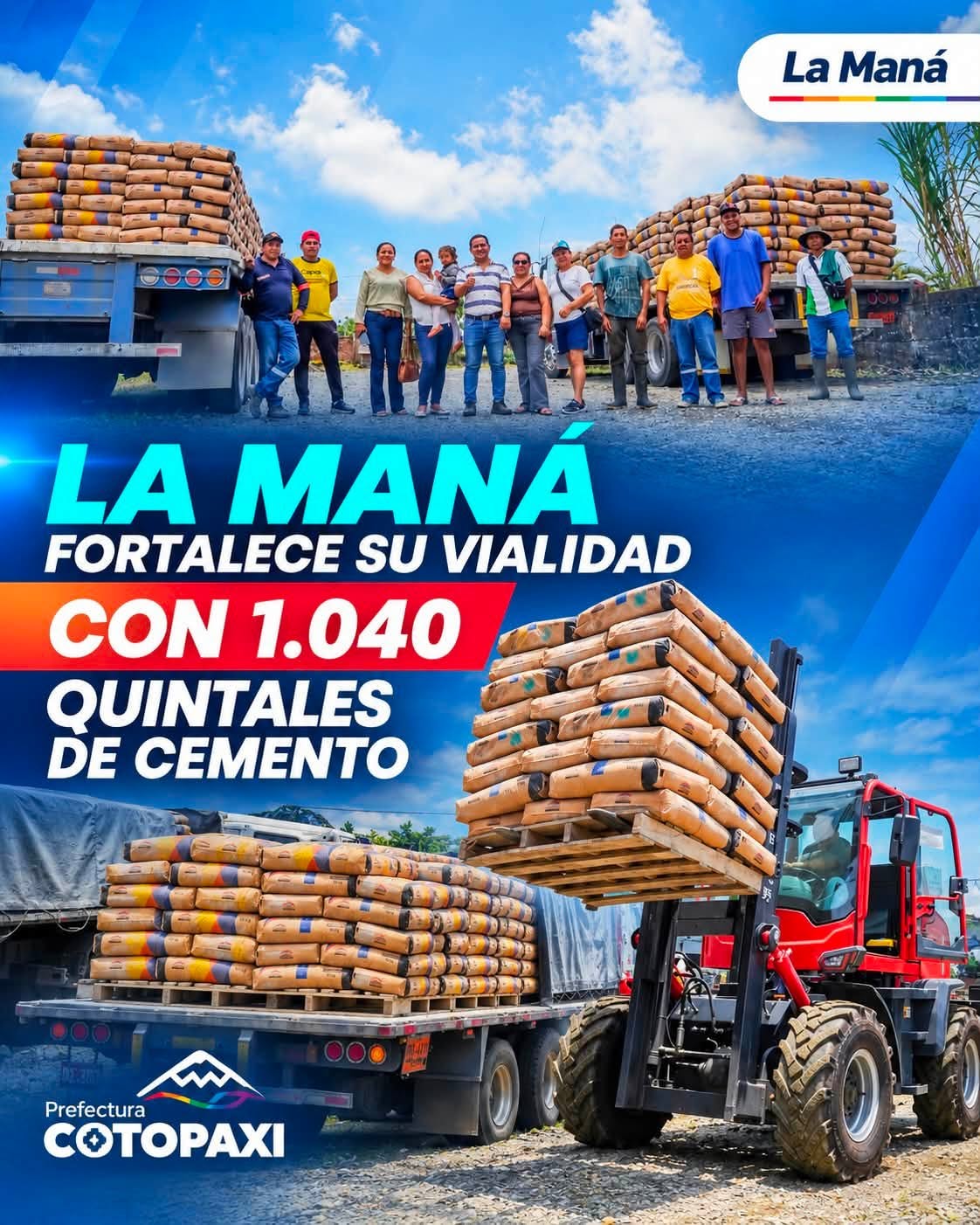 El cantón La Maná recibió hoy 𝟭.𝟬𝟰𝟬 𝗾𝘂𝗶𝗻𝘁𝗮𝗹𝗲𝘀 𝗱𝗲 𝗰𝗲𝗺𝗲𝗻𝘁𝗼 y 𝟵𝟮𝟬 𝘃𝗮𝗿𝗶𝗹𝗹𝗮𝘀, que serán destinados a la construcción de aletas y cabezales en las multiplacas de los sectores 𝐒𝐚𝐧 𝐏𝐚𝐛𝐥𝐨 𝐝𝐞 𝐥𝐚 𝐂𝐫𝐮𝐳 𝐲 𝐏𝐮𝐜𝐚𝐲𝐚𝐜𝐮 𝐂𝐡𝐢𝐜𝐨.