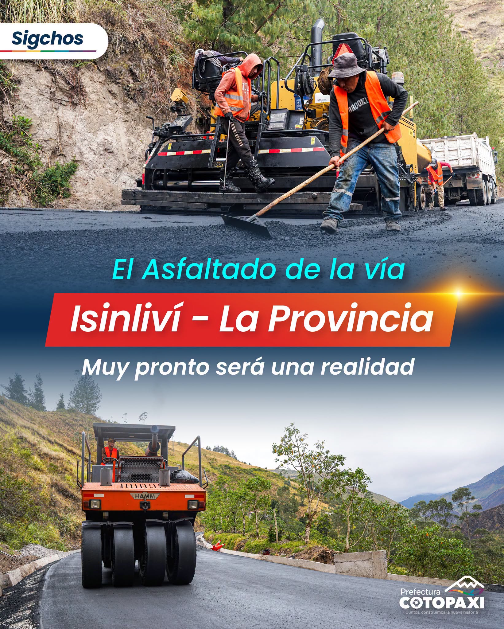 Continúan a buen ritmo los trabajos de asfaltado de 3,3 kilómetros en la vía que conecta a 𝗜𝘀𝗶𝗻𝗹𝗶𝘃𝗶́ con 𝗟𝗮 𝗣𝗿𝗼𝘃𝗶𝗻𝗰𝗶𝗮, en el cantón Sigchos.