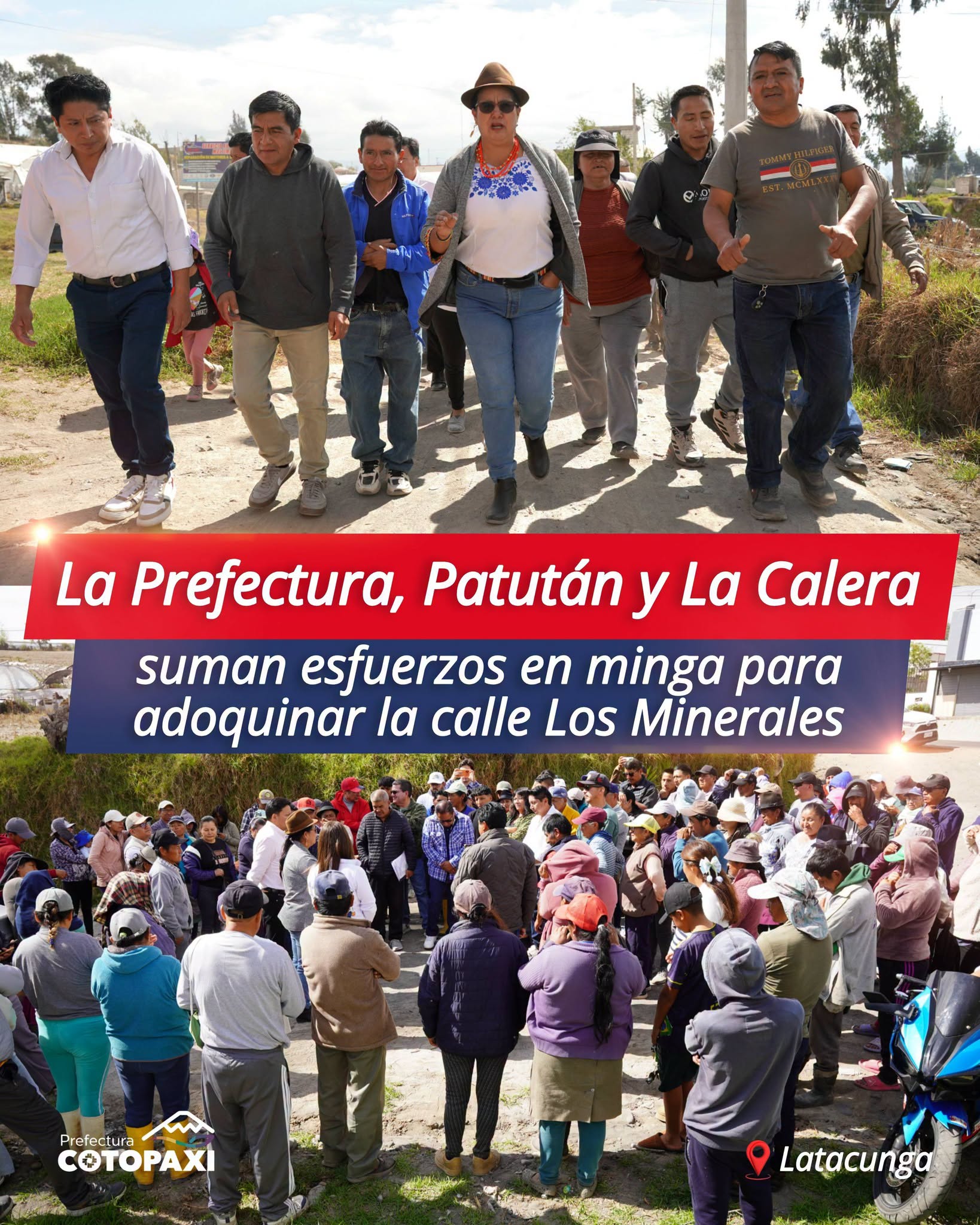Nuestra prefecta Lulú Tibán, su equipo técnico y moradores de la comuna jurídica Patután y el barrio La Calera 𝐫𝐞𝐜𝐨𝐫𝐫𝐢𝐞𝐫𝐨𝐧 𝐥𝐚 𝐜𝐚𝐥𝐥𝐞 𝐋𝐨𝐬 𝐌𝐢𝐧𝐞𝐫𝐚𝐥𝐞𝐬, en Latacunga